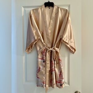 Silky Beige Kimono Robe with Crane Design